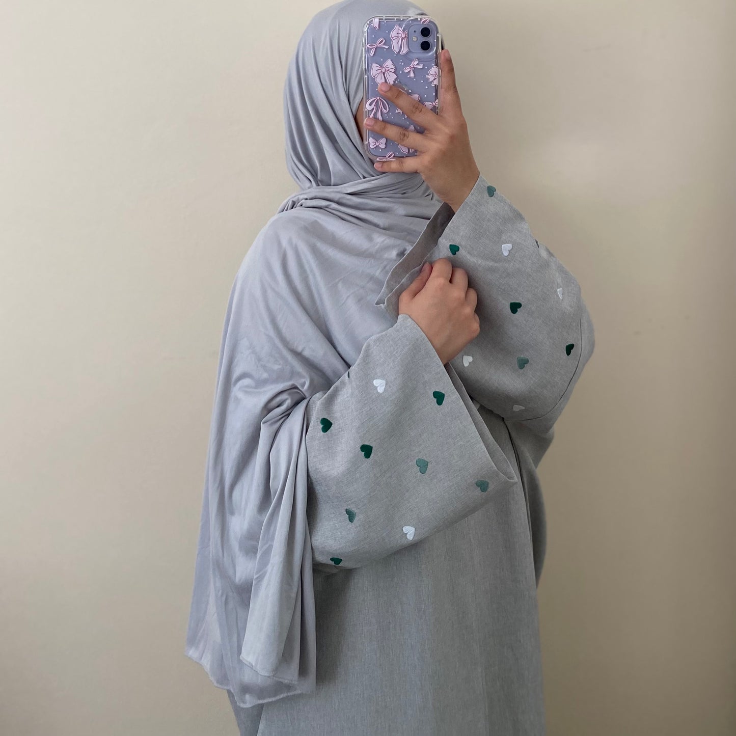 Green Heart Linen Open Abaya