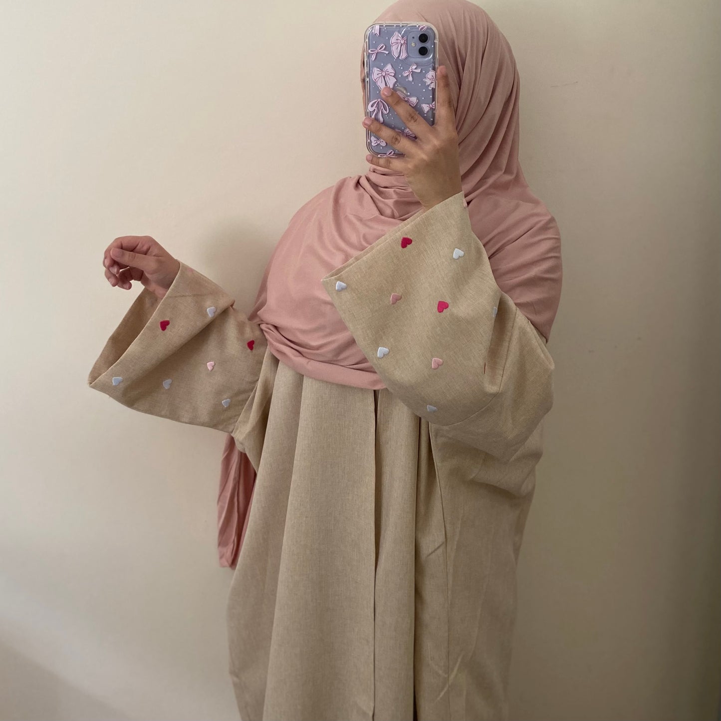 Pink Heart Linen Open Abaya