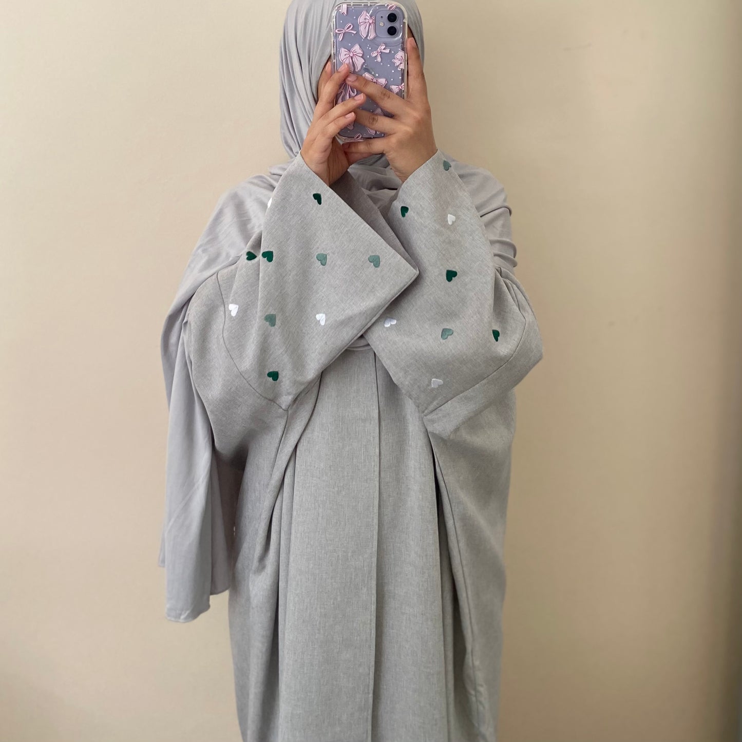 Green Heart Linen Open Abaya