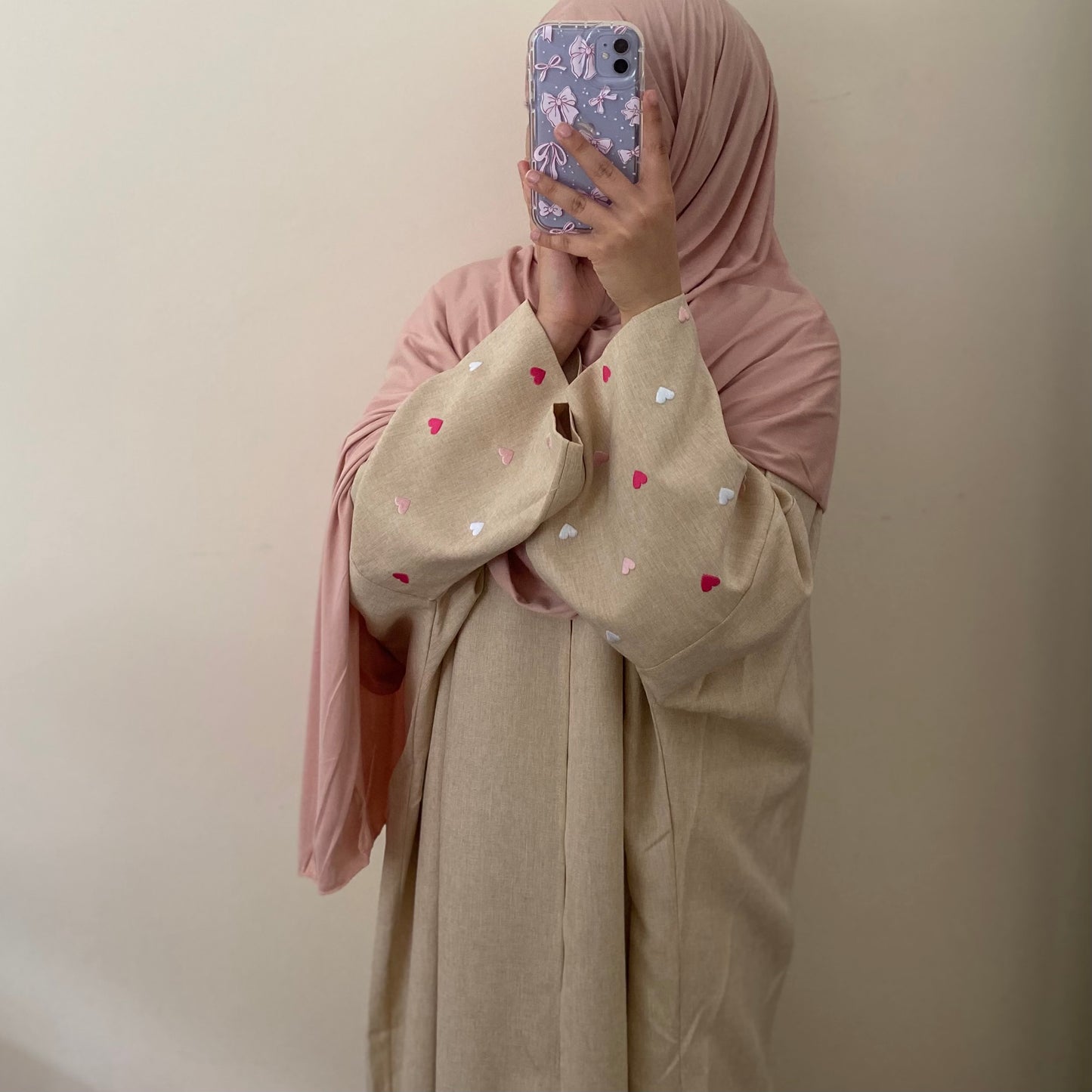 Pink Heart Linen Open Abaya